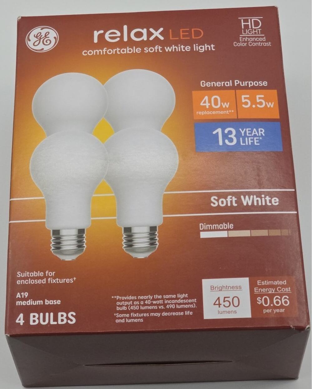 GE Relax 4-Pack 40 W Equivalent Dimmable Soft White A19 LED Light Fixture Bulb